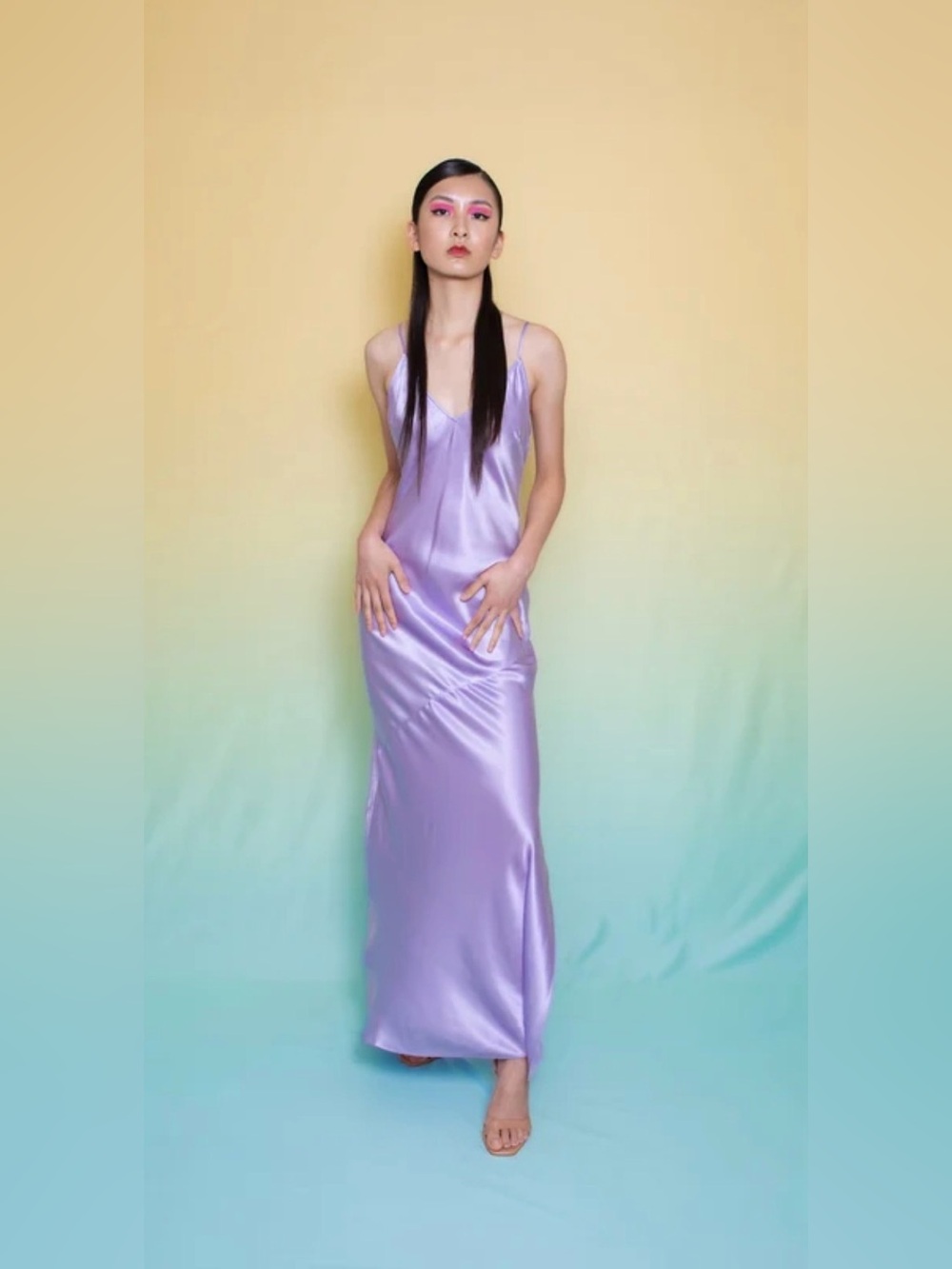 NWT Finney Lilac Lotus 100% Silk Bias Cut Satin Slip Maxi Dress Size M